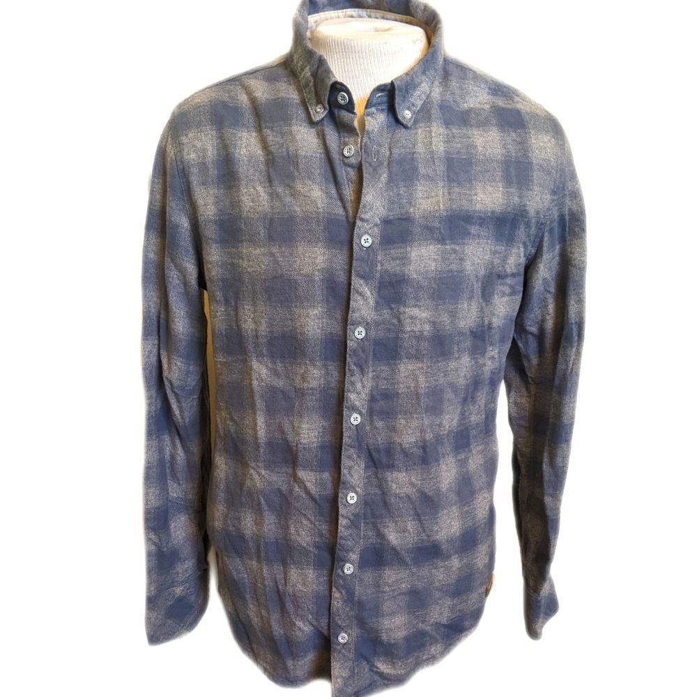 Outpost Makers men's 100% cotton blue & gray plaid button-down flannel shirt, L